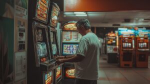 A man playing gas station slots.