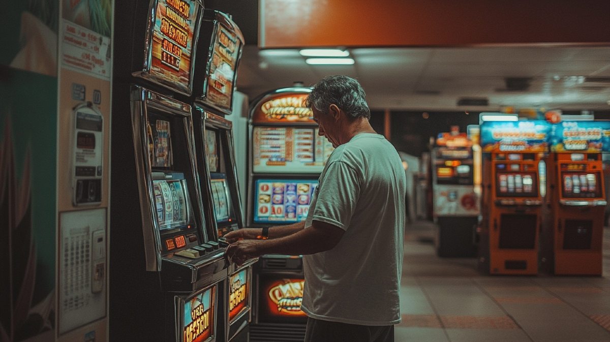 A man playing gas station slots.