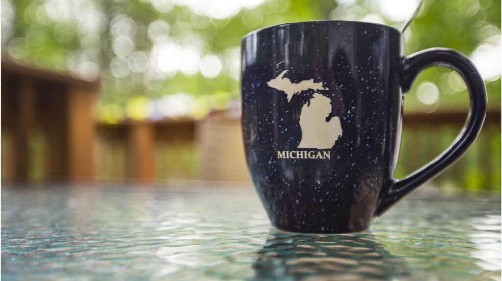 A mug with a map rendering of Michigan