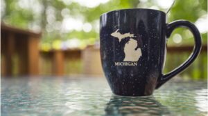 A mug with a map rendering of Michigan