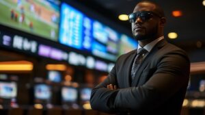 A bodyguard in front of a sportsbook