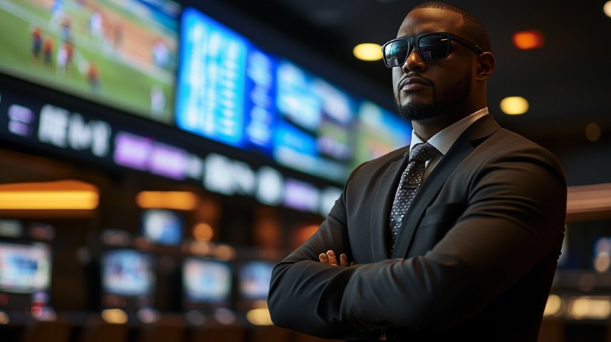 A bodyguard in front of a sportsbook