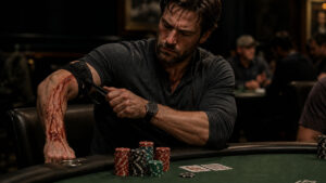A poker player applies a tourniquet to stop the bleeding.