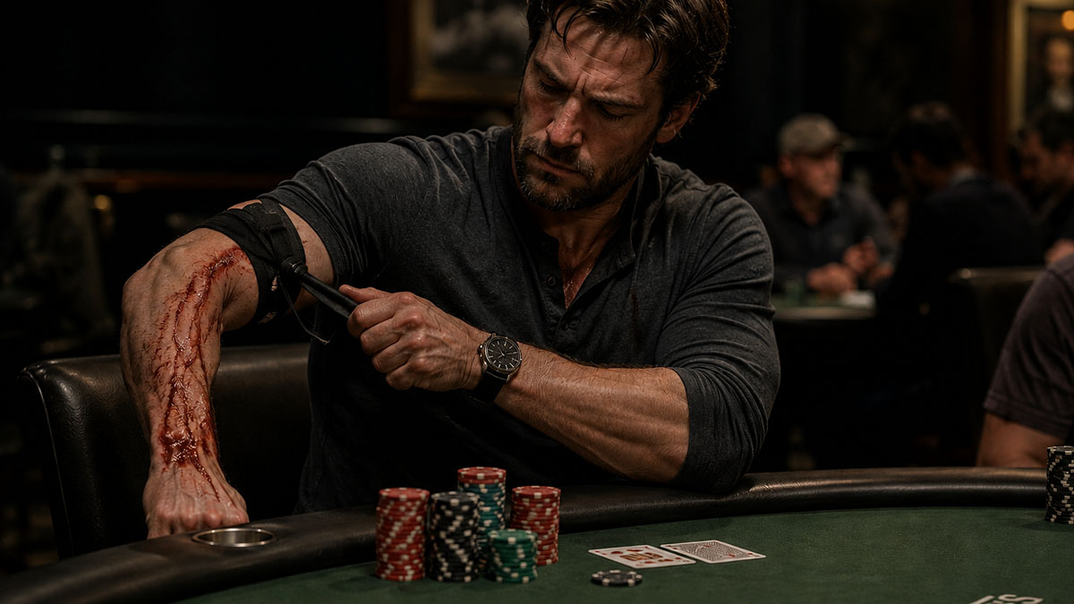 A poker player applies a tourniquet to stop the bleeding.