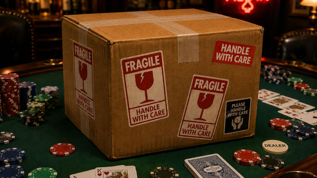 A package plastered with Handle With Care labels sitting atop a poker table.