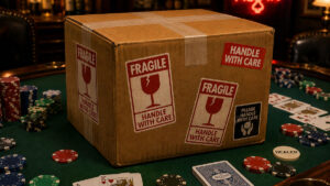 A package plastered with Handle With Care labels sitting atop a poker table.