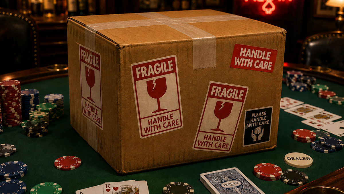 A package plastered with Handle With Care labels sitting atop a poker table.