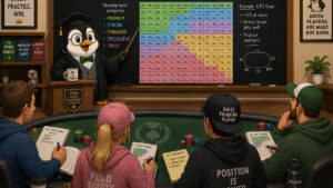A cartoon penguin teaches poker basics to a classroom of amateurs.