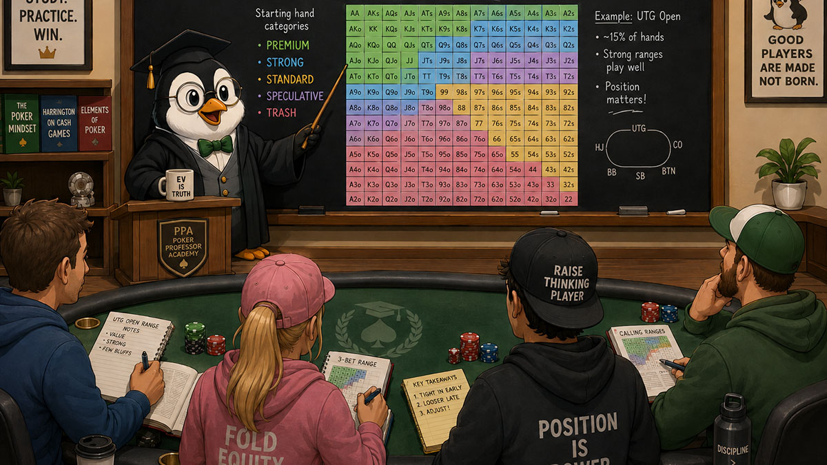 A cartoon penguin teaches poker basics to a classroom of amateurs.