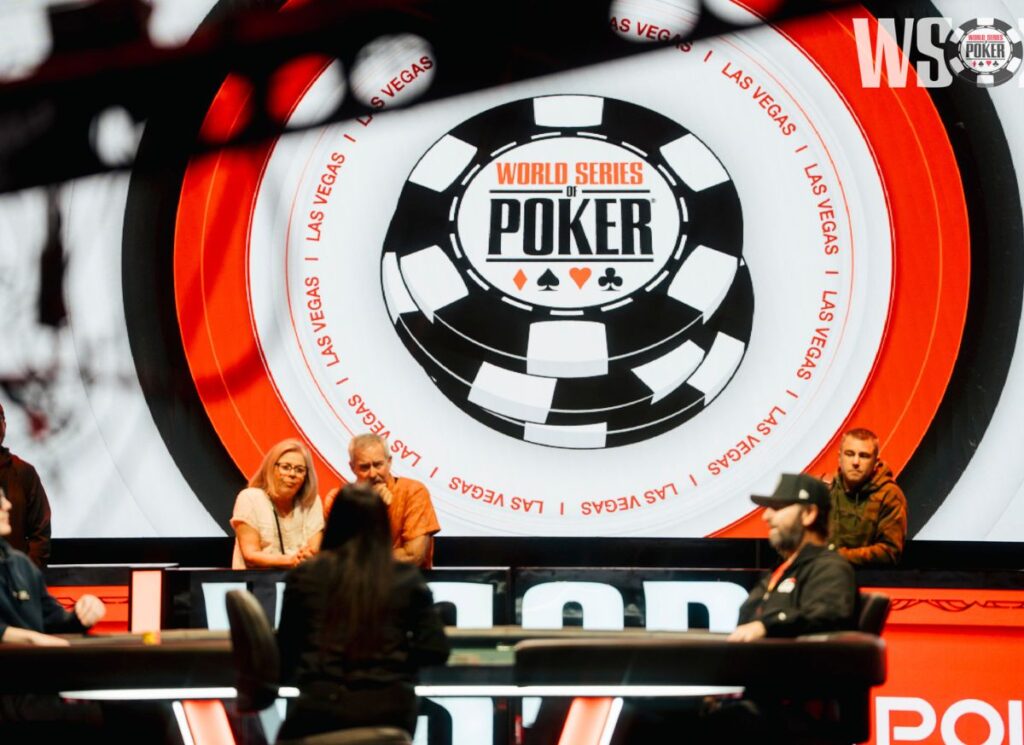 A WSOP logo at a live poker tournament.