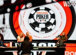 A WSOP logo at a live poker tournament.