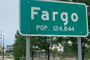 A road sign for Fargo