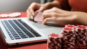 Poker player studying with cards and poker chips