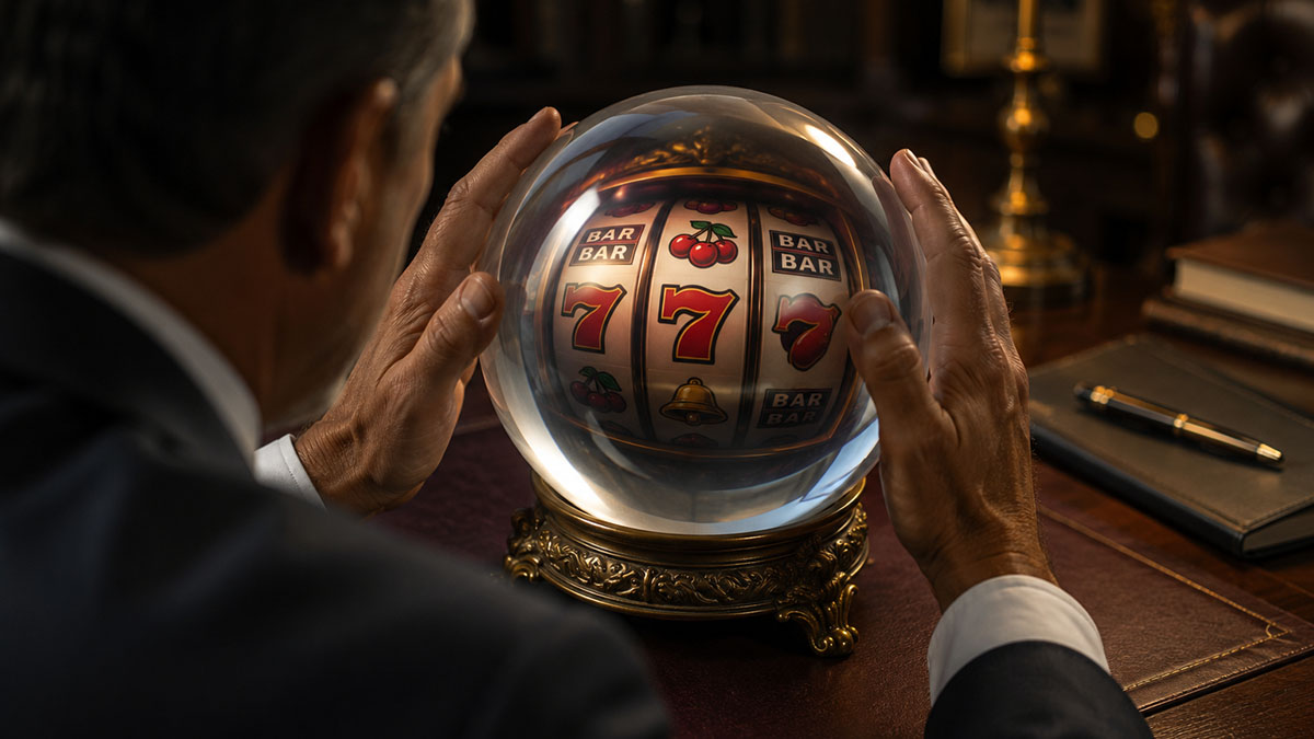 A businessman gazes into a crystal ball, attempting to tell the future of online casinos.
