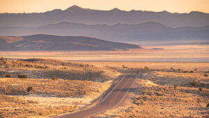 A Nevada desert highway crests a hill in the summer heat.