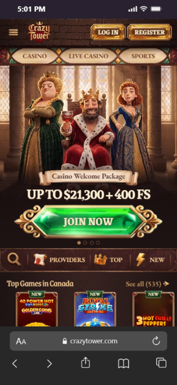 New Casinos in Canada CrazyTower Homepage
