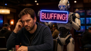 A robot stands behind a poker player, holding up a sign that says "Bluffing!"