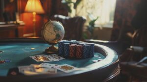 A poker table with a globe on it