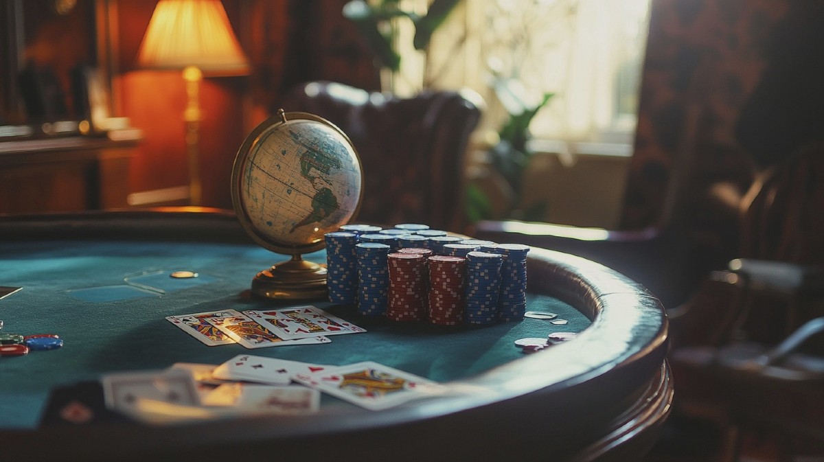A poker table with a globe on it