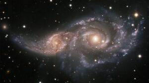Astronomical photo of two galaxies merging.
