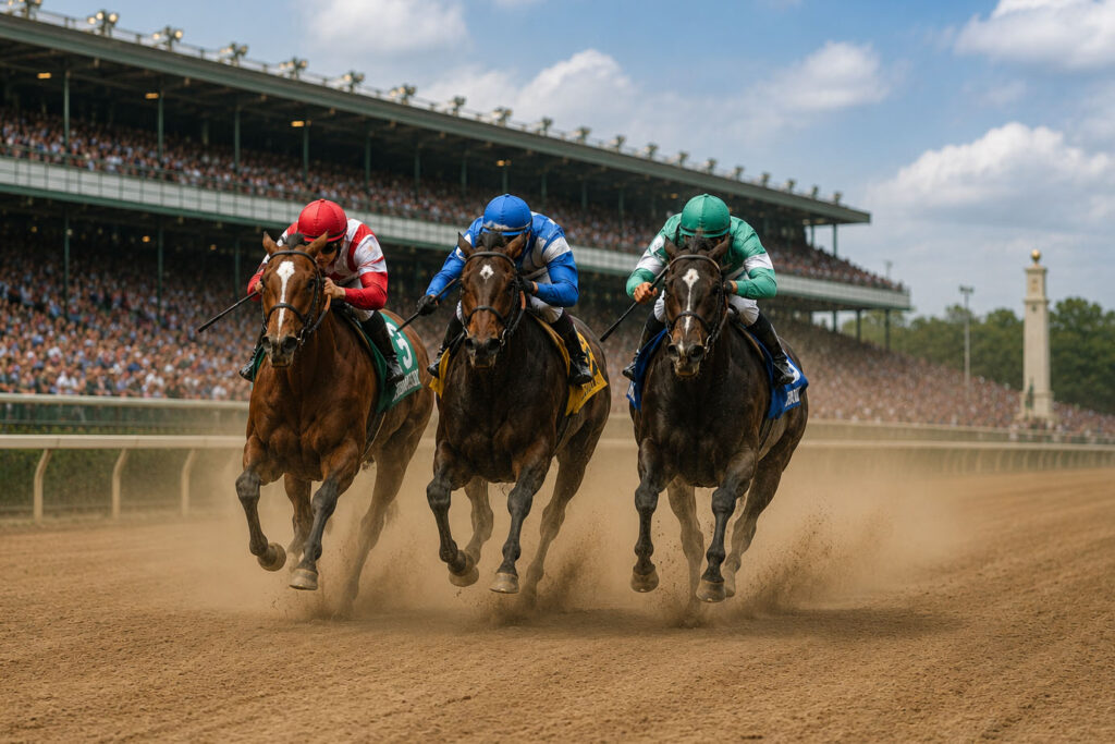 Three racehorses in a dead heat on a dusty track.