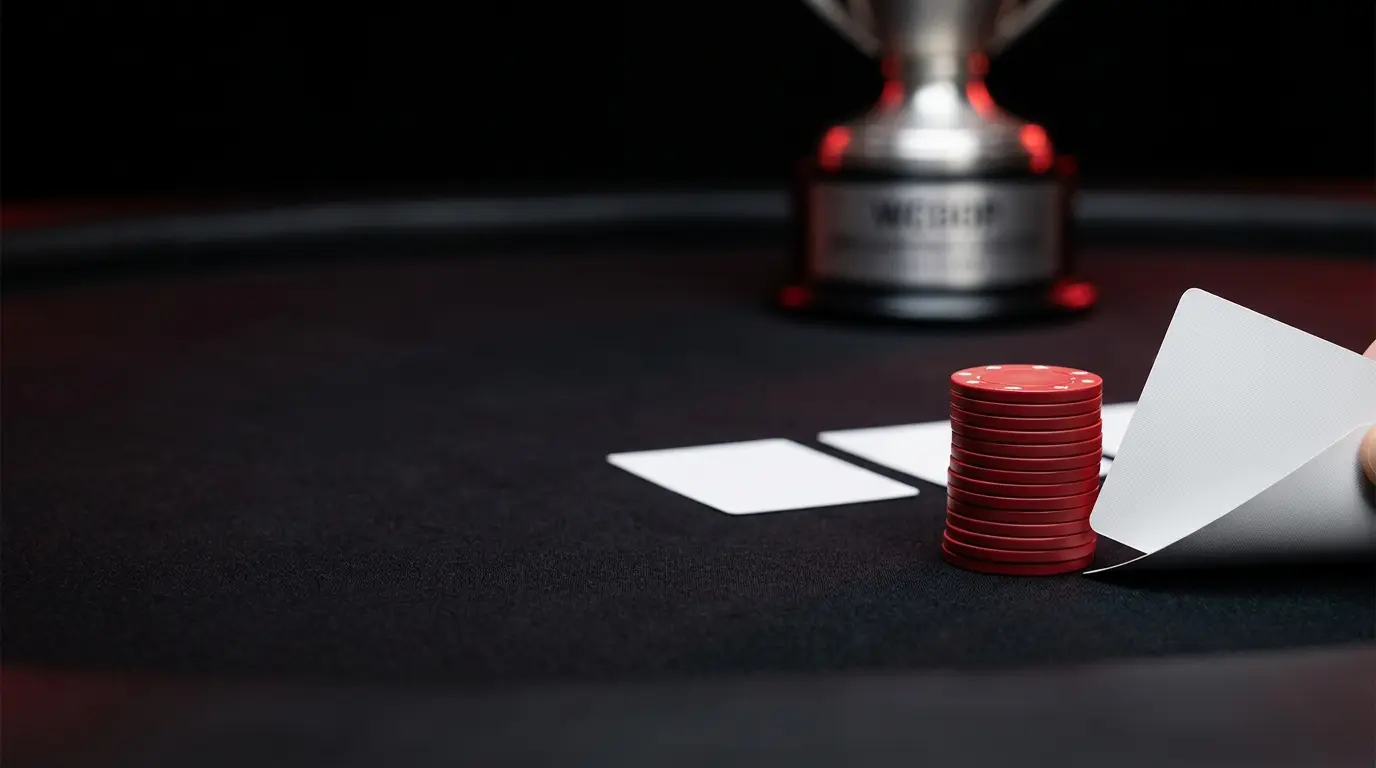 Close-up of a river card and red poker chips on a dark tournament table