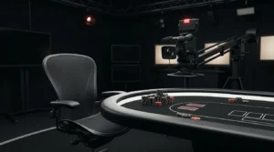 Empty streamed poker table and broadcast camera symbolizing an unresolved HCL review