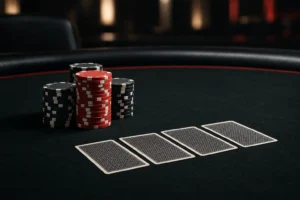 Poker chips and playing cards on a tournament table representing a PLO championship victory