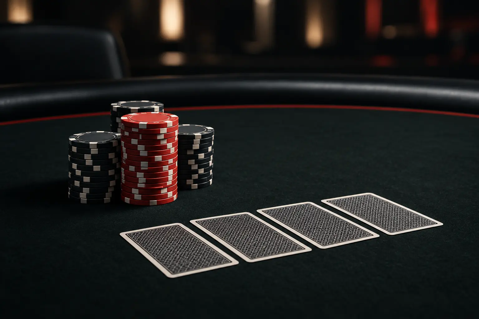 Poker chips and playing cards on a tournament table representing a PLO championship victory