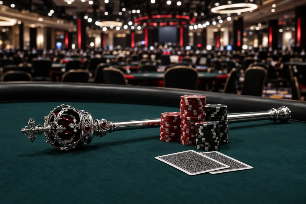 Royal scepter and poker chips on a final table after a major live tournament victory