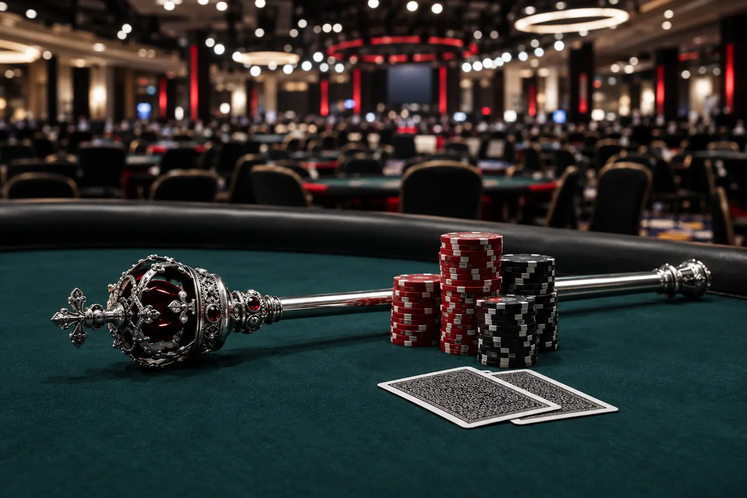 Royal scepter and poker chips on a final table after a major live tournament victory