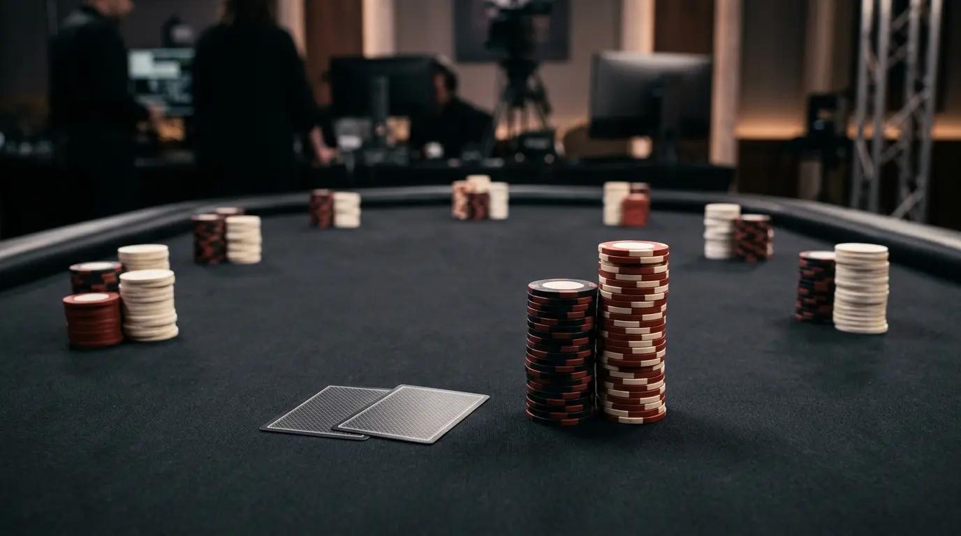 Nine tournament chip stacks on a poker table representing a closely contested online poker final table