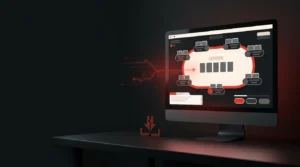 Monitor showing an abstract poker table with red visual cues symbolizing a compromised software update and remote access risk