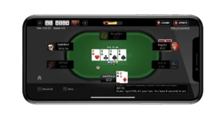 A smartphone displaying the PokerStars mobile app with an active poker game in progress.