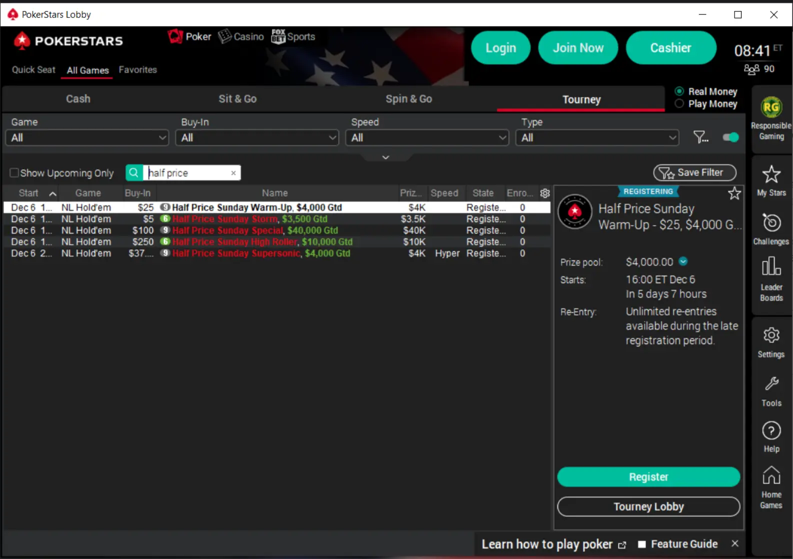 The user interface of the PokerStars online poker lobby showing a list of tournaments.