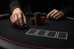 Anonymous poker player’s hands and red-black chip stack at a decisive Pot-Limit Omaha final table