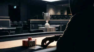 Anonymous poker champion beside red chips and a trophy at a final table